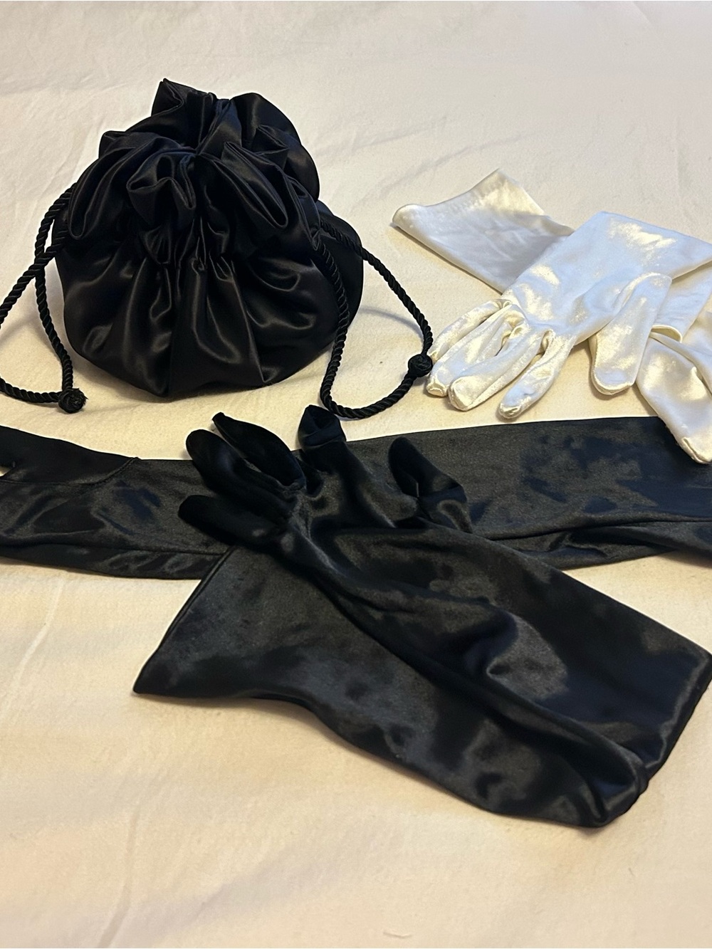 Black Satin Evening Drawstring Pouch W/ Two Elegant Evening Gloves